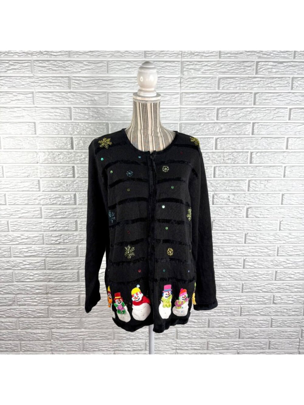 Vintage Quacker Factory Christmas Cardigan Sweater Embroidered Snowman Sz Medium